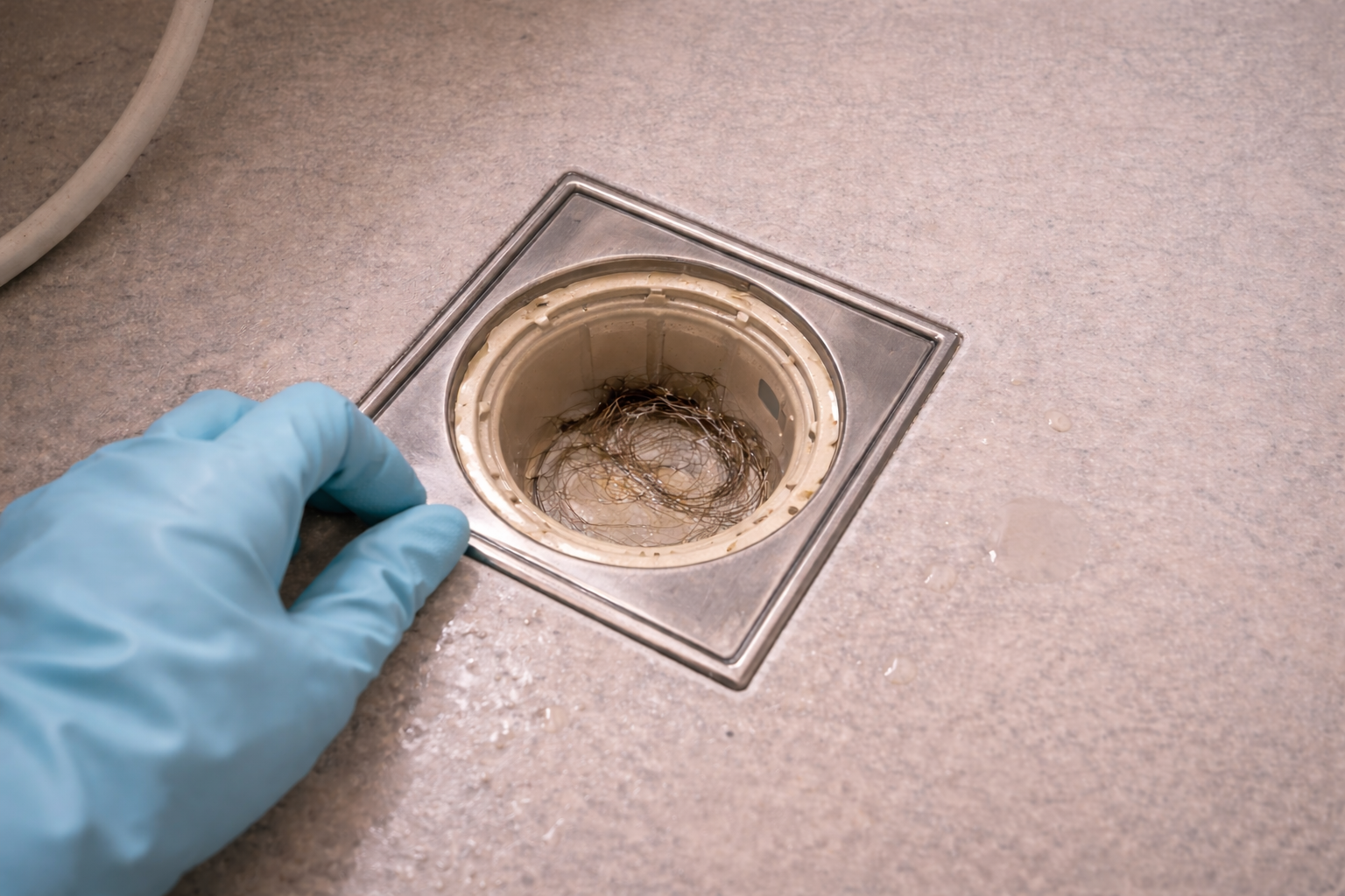 日本の浴室の排水口。 ゴミ受けが外され、内部が見えている状態。