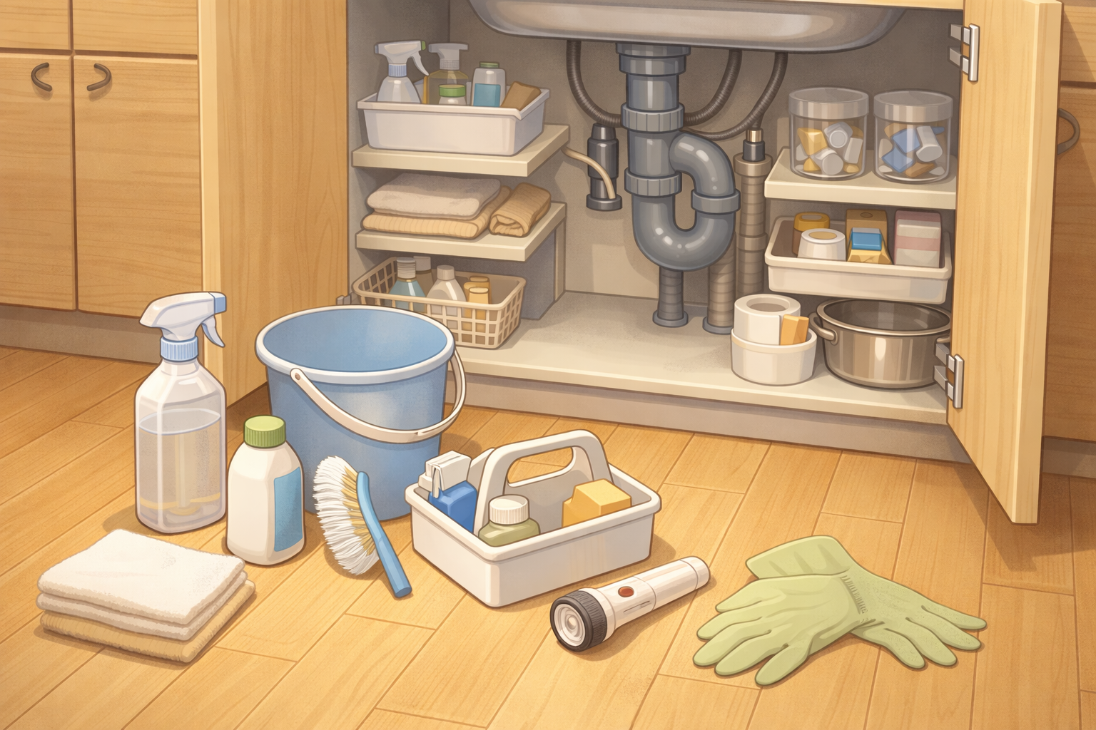 シンク下の前に掃除道具を準備した状態
