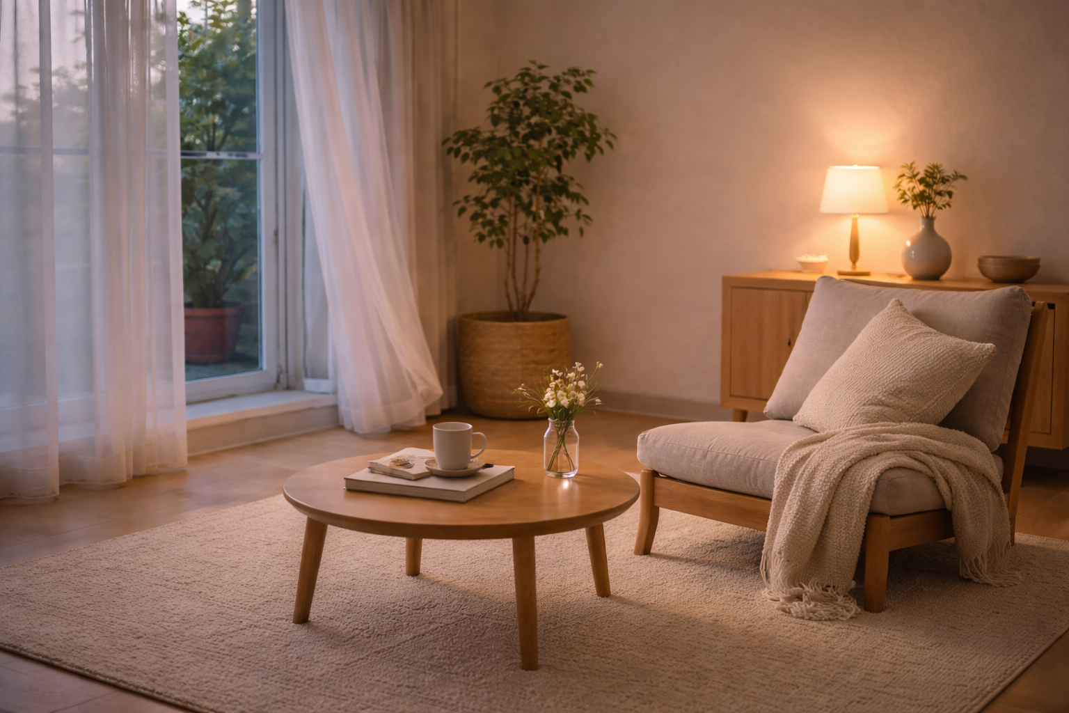 夕方のやわらかい光が差し込む室内。