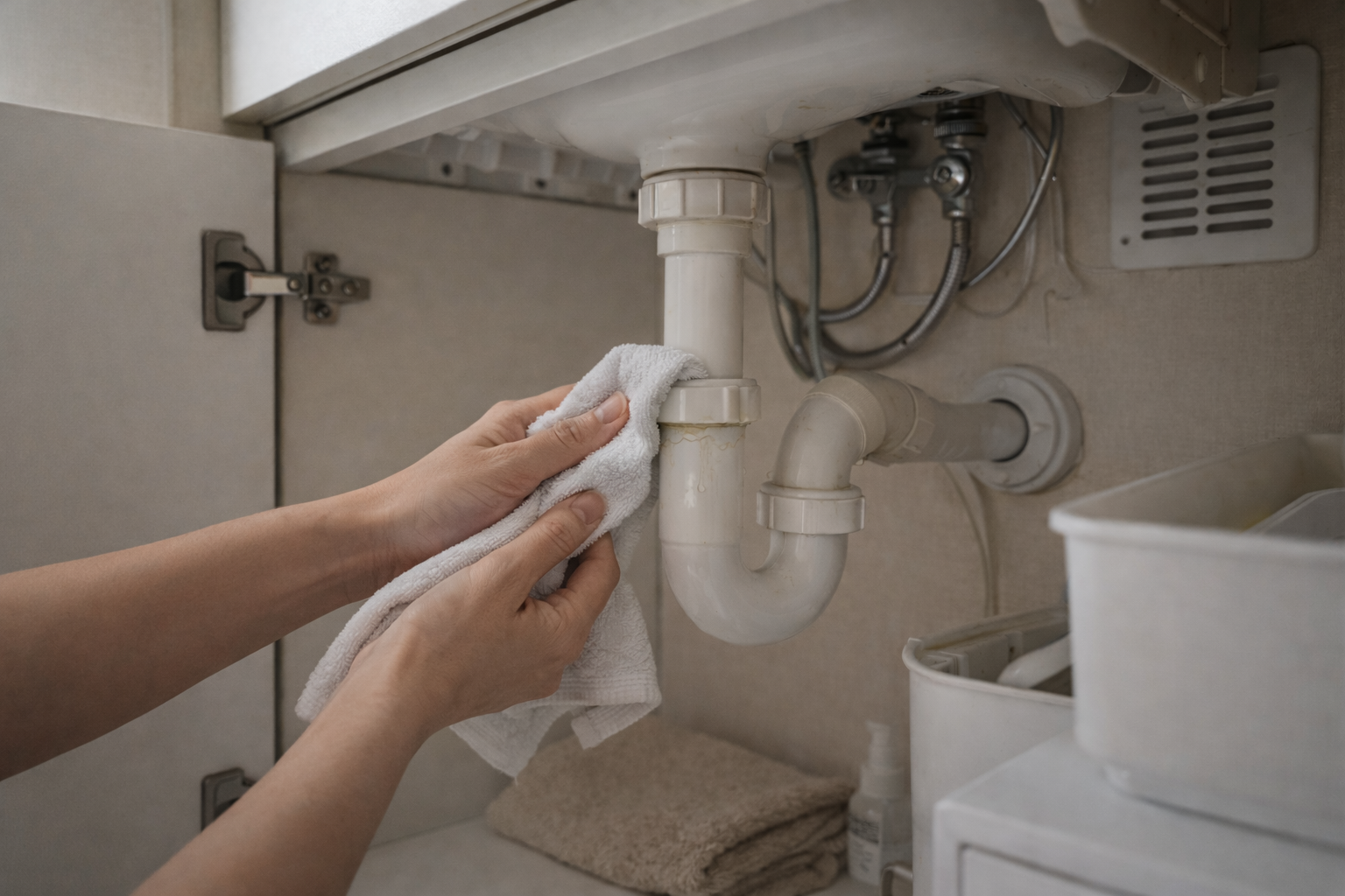 洗面台下の配管を、タオルで軽く拭いている様子。