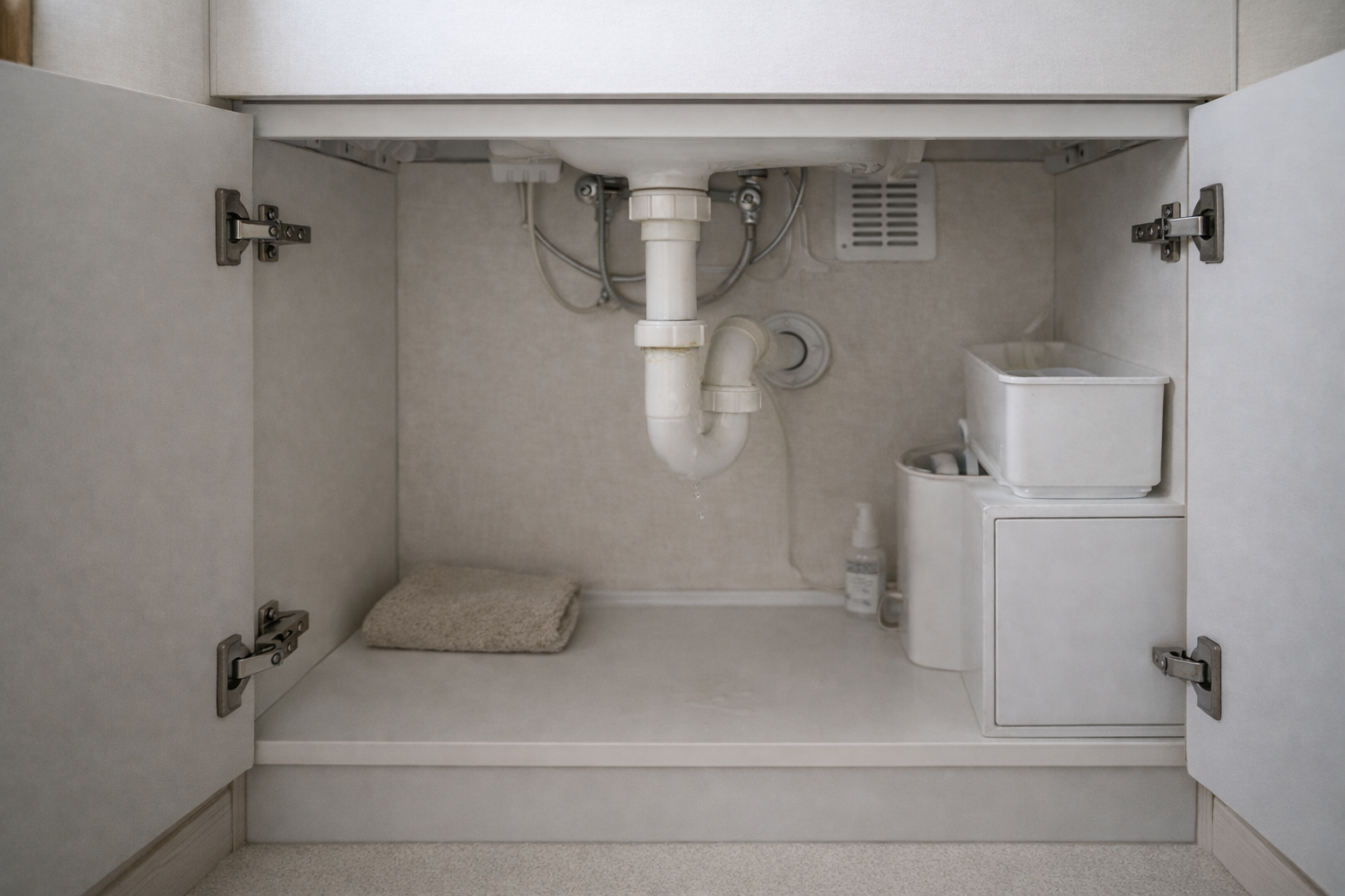 洗面台下の配管全体を少し引きで写した構図。