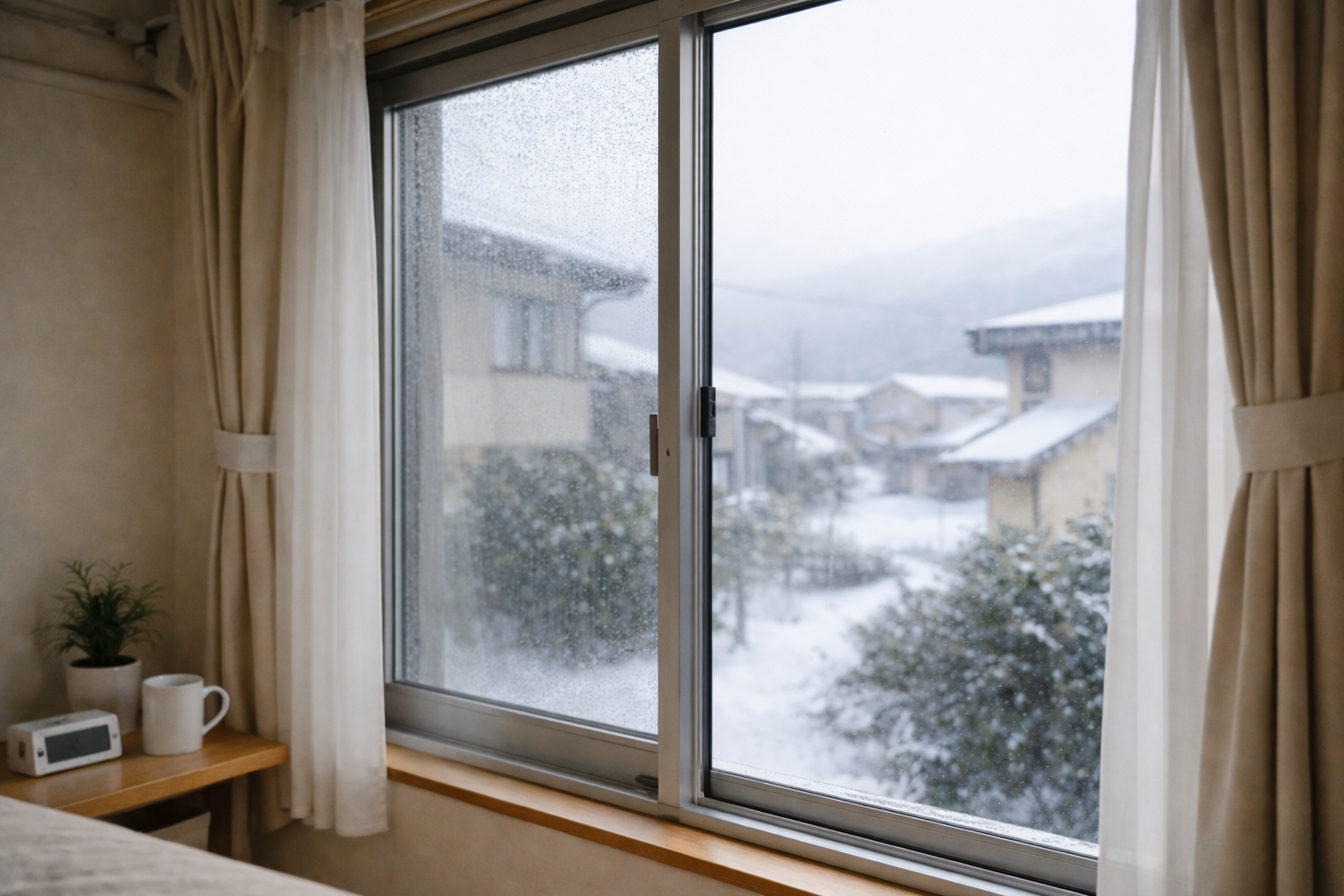 冬の室内で、窓を少しだけ開けて換気している様子。