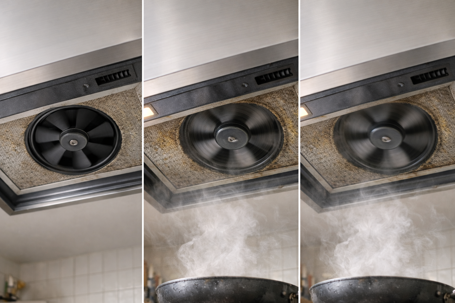 家庭用換気扇の状態比較イメージ。 3つの状態が分かる構図。