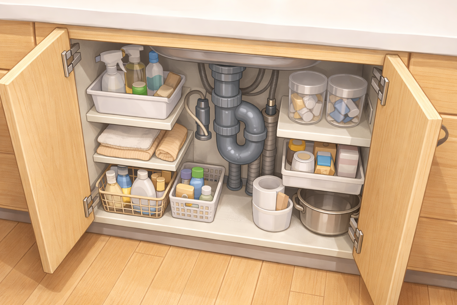 キッチンのシンク下収納を上から見た図。排水管まわりと収納スペースが見える