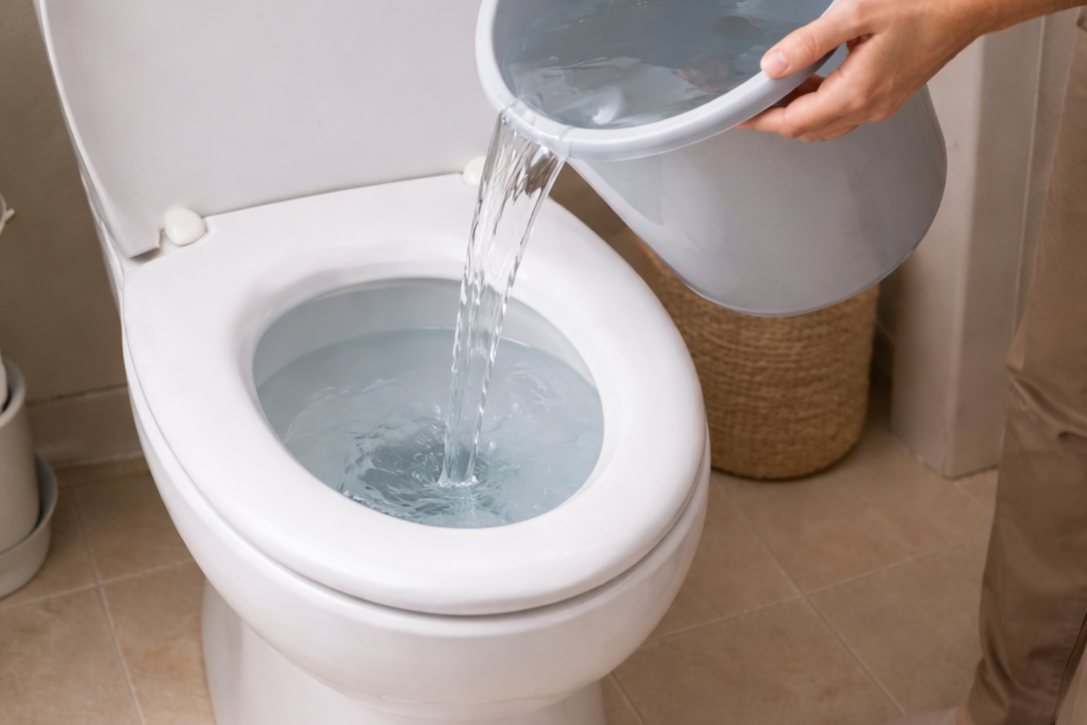 家庭のトイレで、便器に対してバケツで少量の水を静かに注いでいる様子。