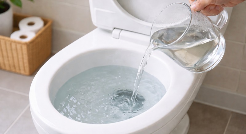 トイレにぬるま湯を静かに注いでいる様子