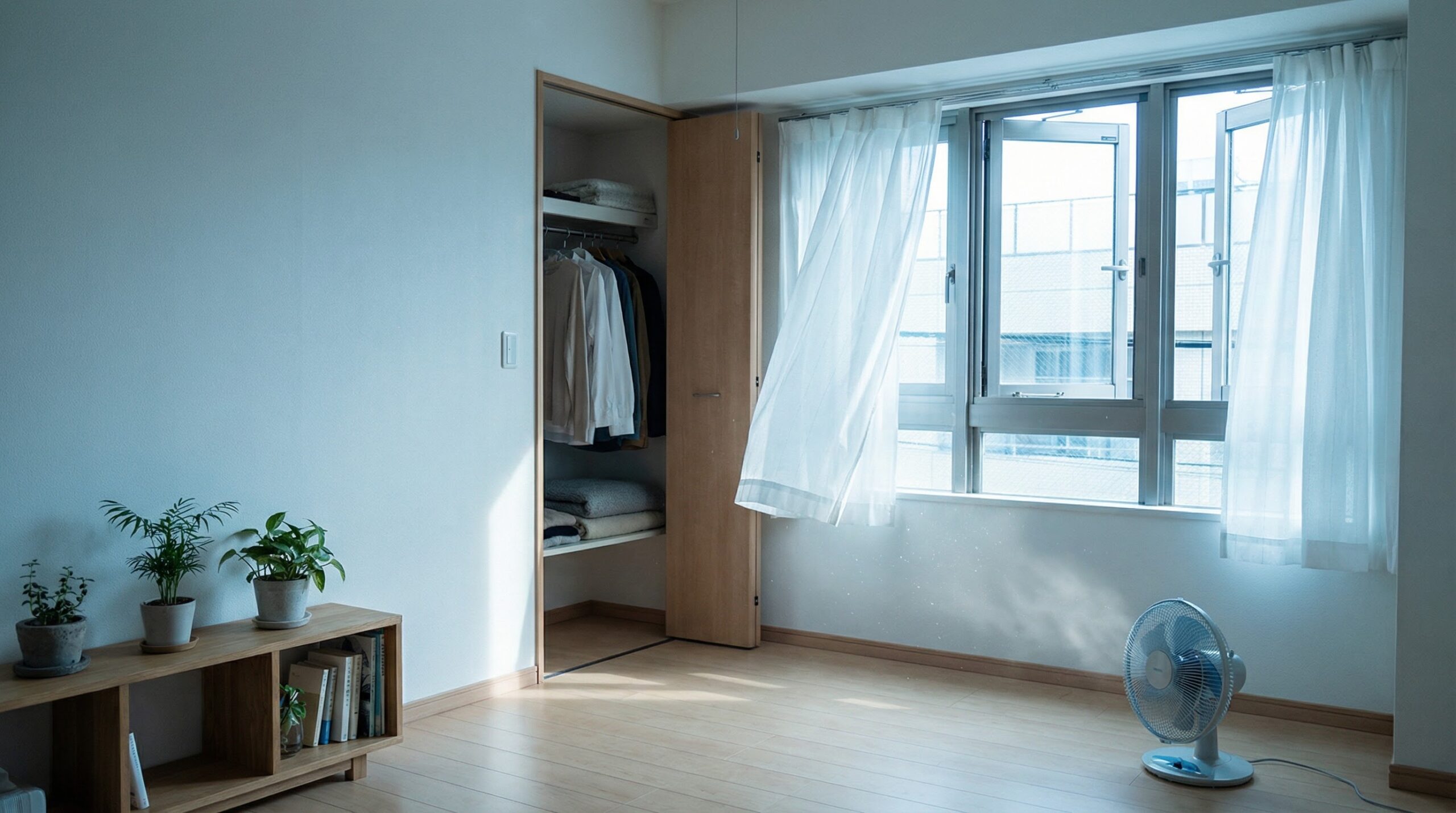 窓を2か所開けて換気している室内。カーテンがわずかに揺れ、クローゼットの扉も開けてある