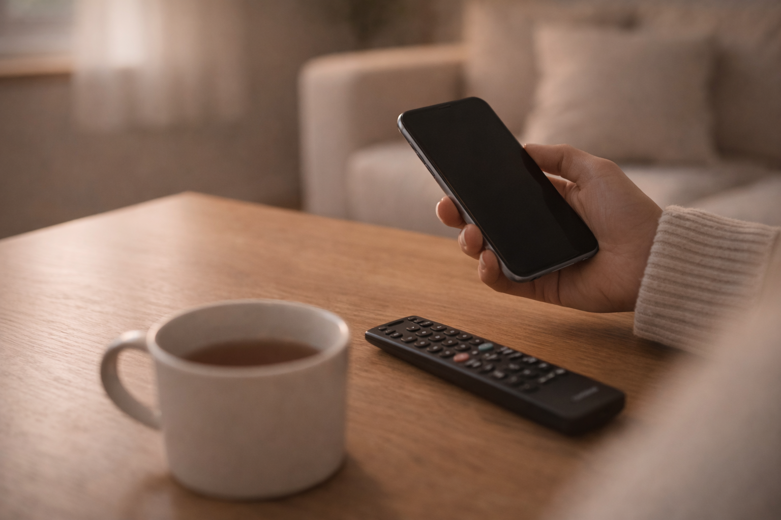 リビングの様子。スマホを持った手とテーブル、リモコン。