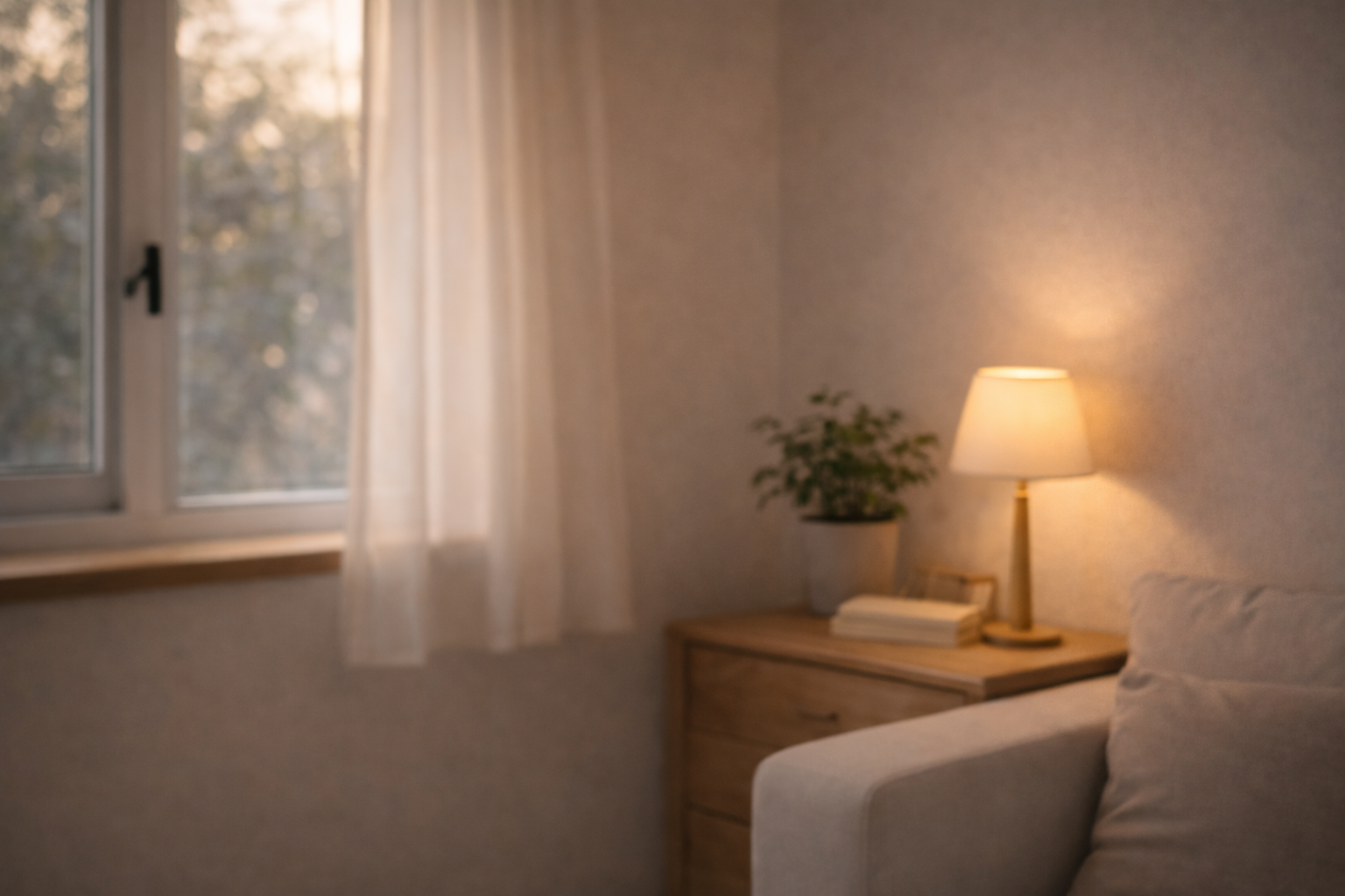 開いたカーテンと差し込む光。