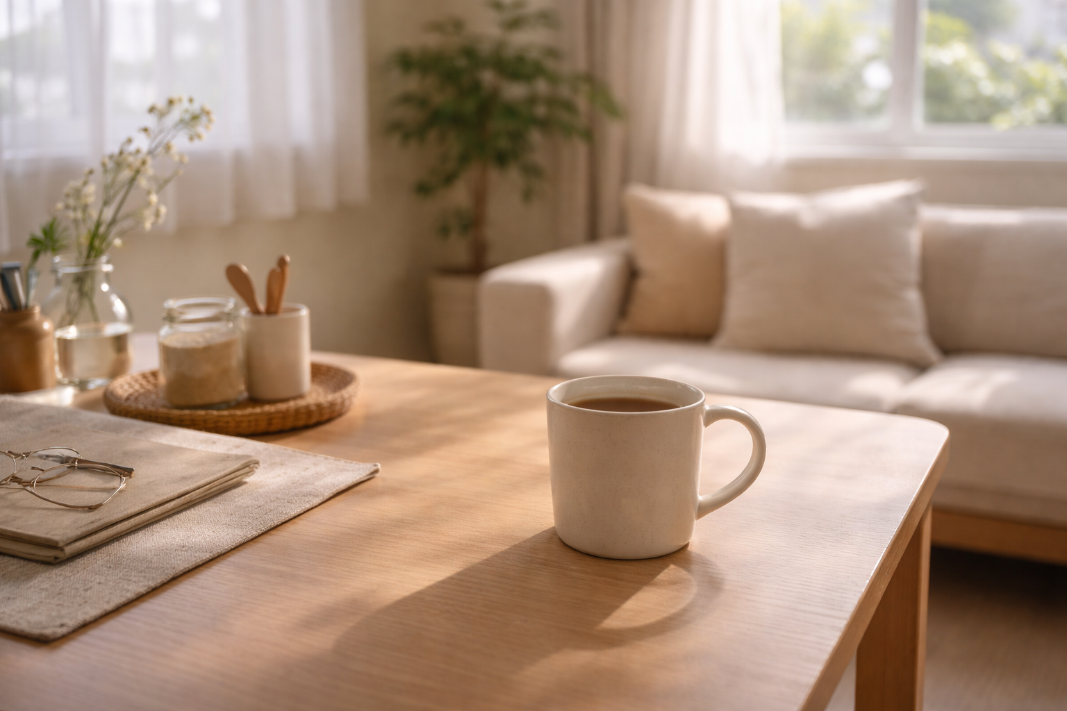 窓からやわらかい光が入り、テーブルの上にマグカップが置かれている室内。