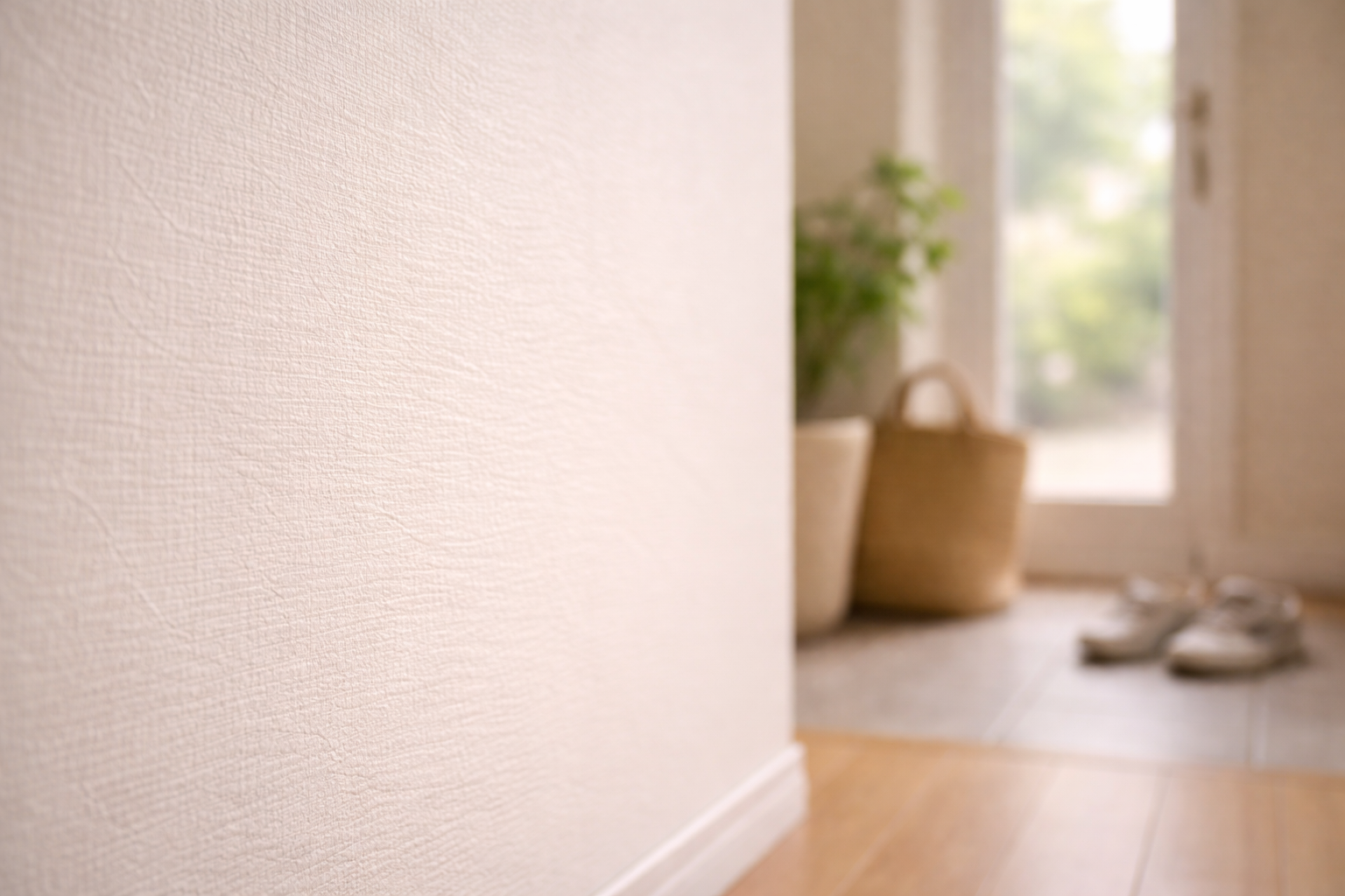 雨上がりに軽く波打って見える白い壁紙のクローズアップ