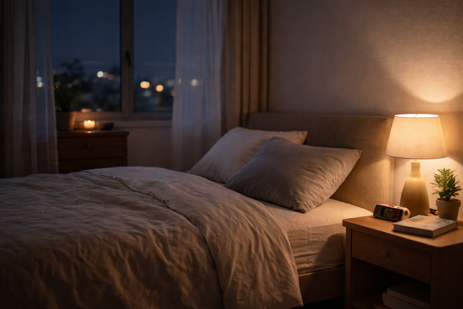 夜、閉めた窓の向こうに街の灯りがにじむ静かな寝室