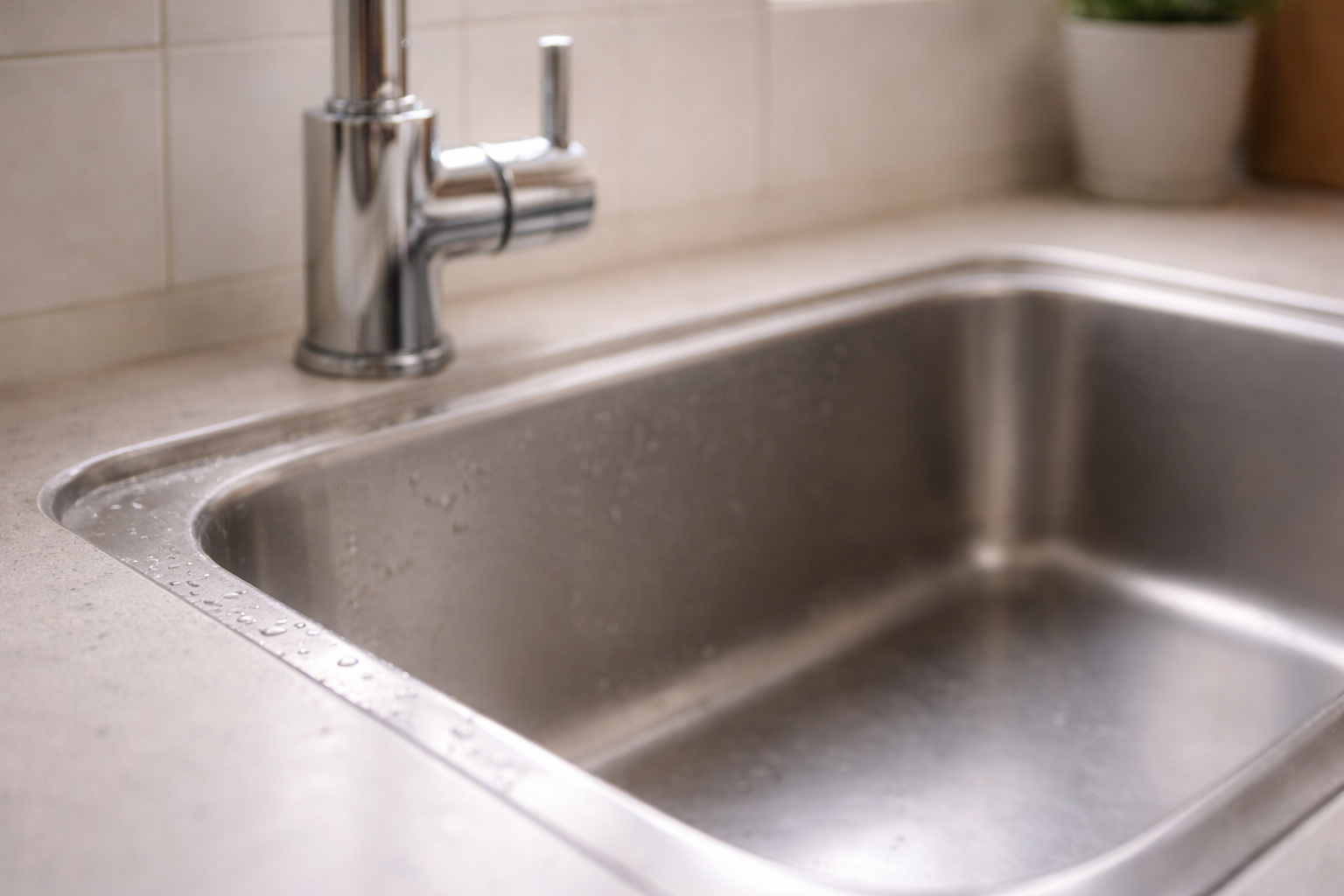 ステンレスシンクの縁にわずかな水滴が残る様子のクローズアップ