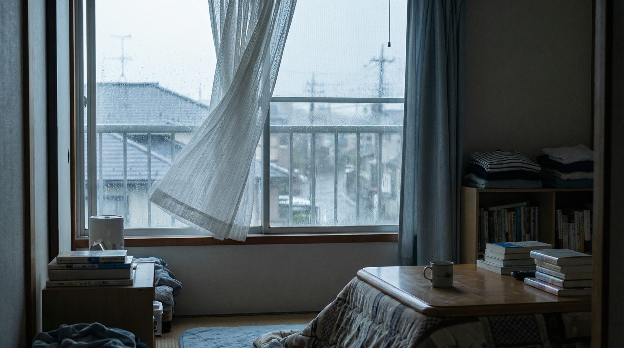 雨の日の北向きの部屋。窓ガラスにうっすら結露がつき、薄いカーテンが少し開いている