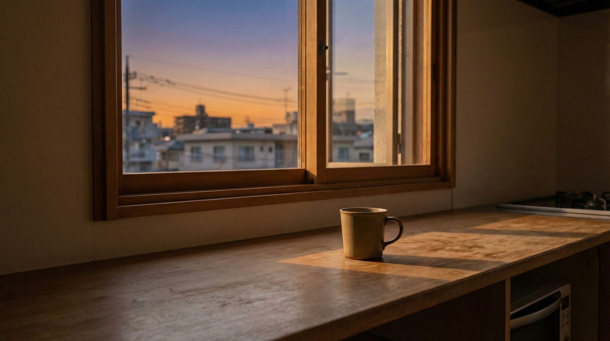 夕方の光が差すキッチン。カウンターの上にマグカップがひとつ置かれ、窓の外には暮れかけた空が見える。