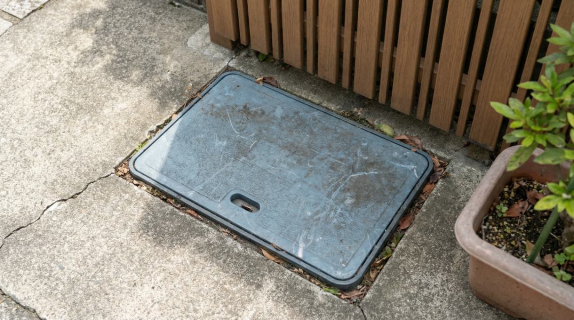 住宅の玄関脇にある水道メーターボックスのふた