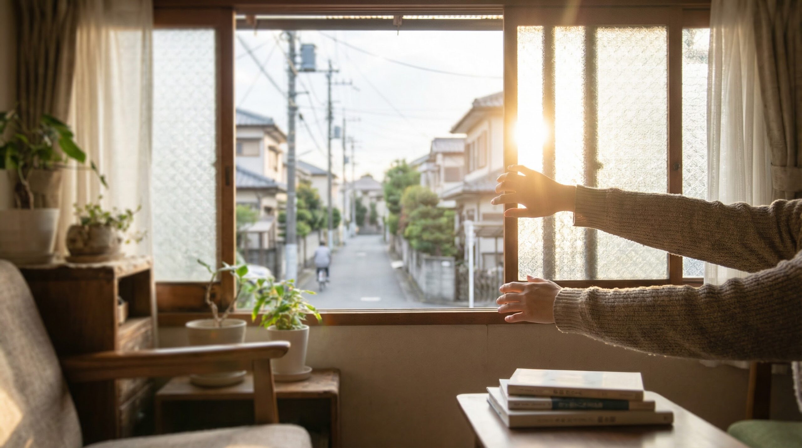 リビングの窓を開けて換気している様子。外から光が入っている。
