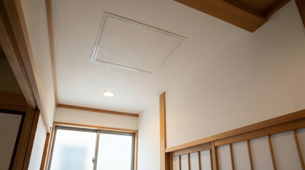 廊下の天井にある点検口を見上げた様子。