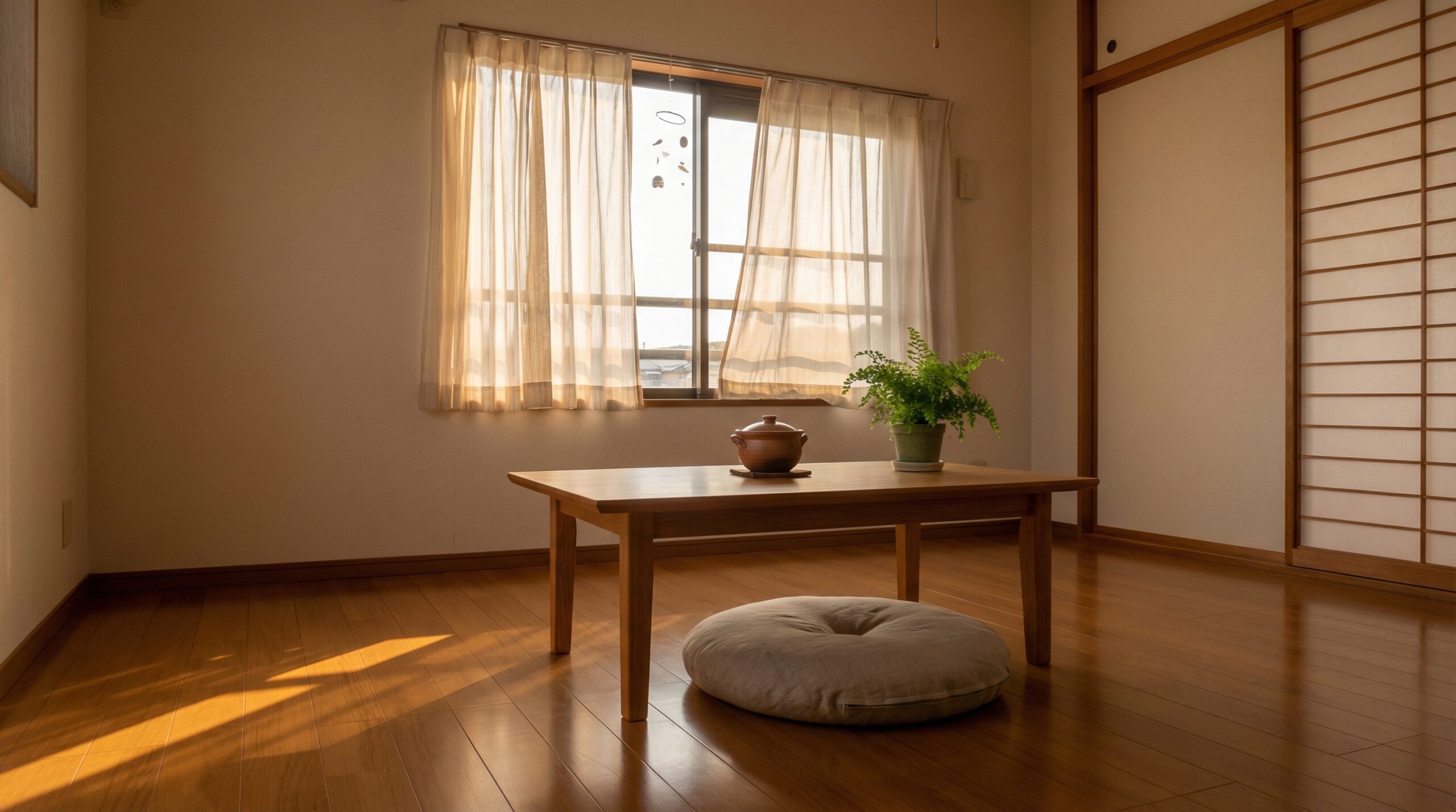 夕方のやわらかい光が差し込む室内。窓が開いていて、空気が入れ替わった穏やかな雰囲気