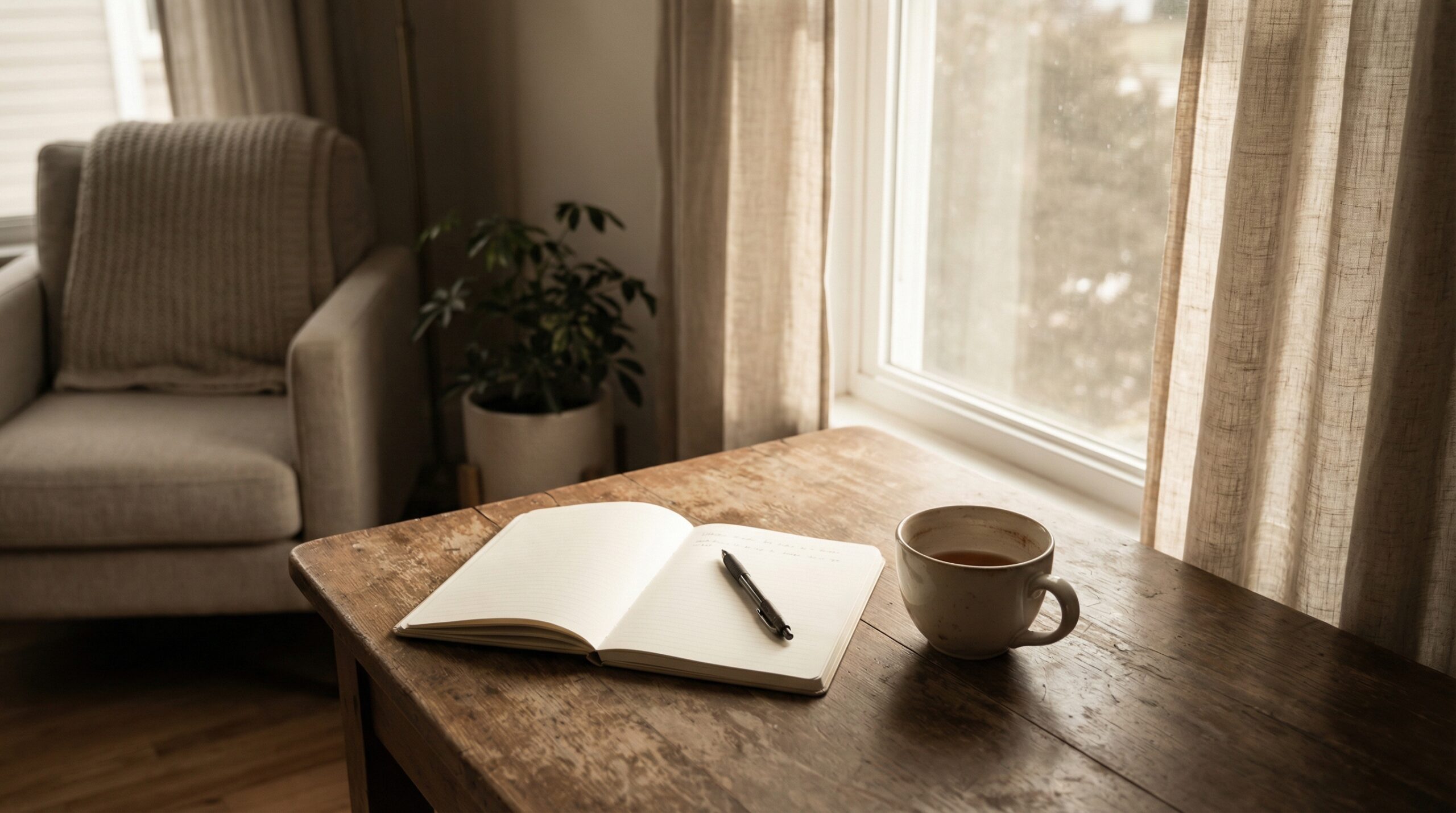 テーブルの上に置かれたメモ帳とペン。そばにマグカップがある静かな午後の風景。