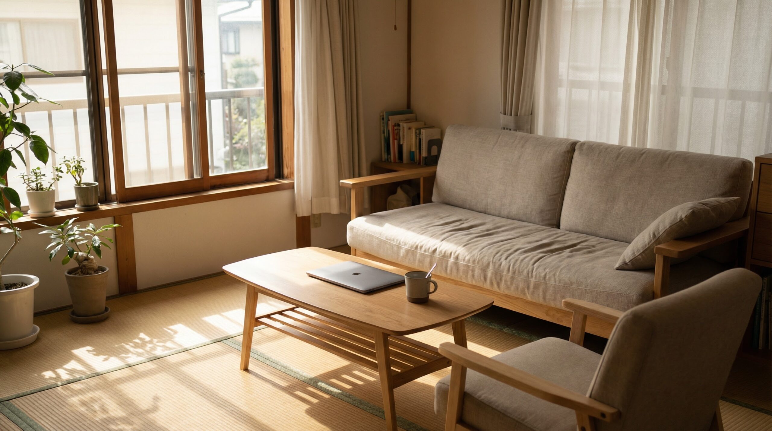 日曜の午後のリビング。ソファのクッションに少しシワが寄り、ローテーブルにマグカップとノートパソコンが置かれている