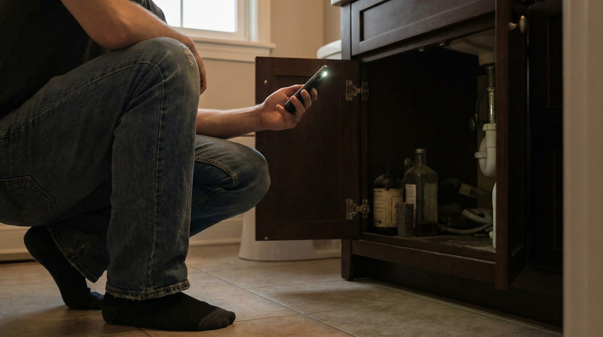 洗面台の下の扉を開けて、中を確認しようとしている様子。

