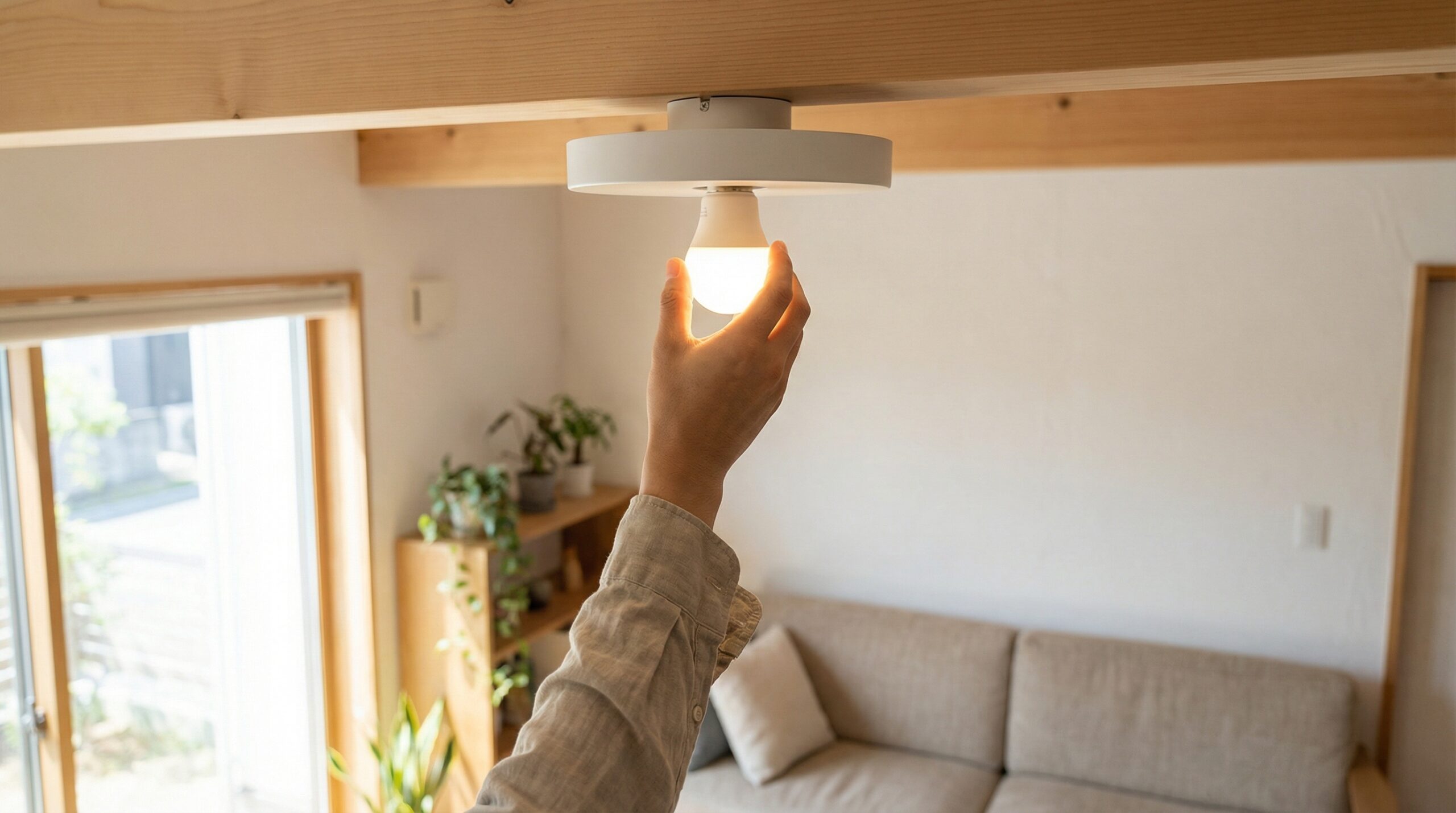 明るい室内で、天井の照明器具の電球を手で回して確認している様子