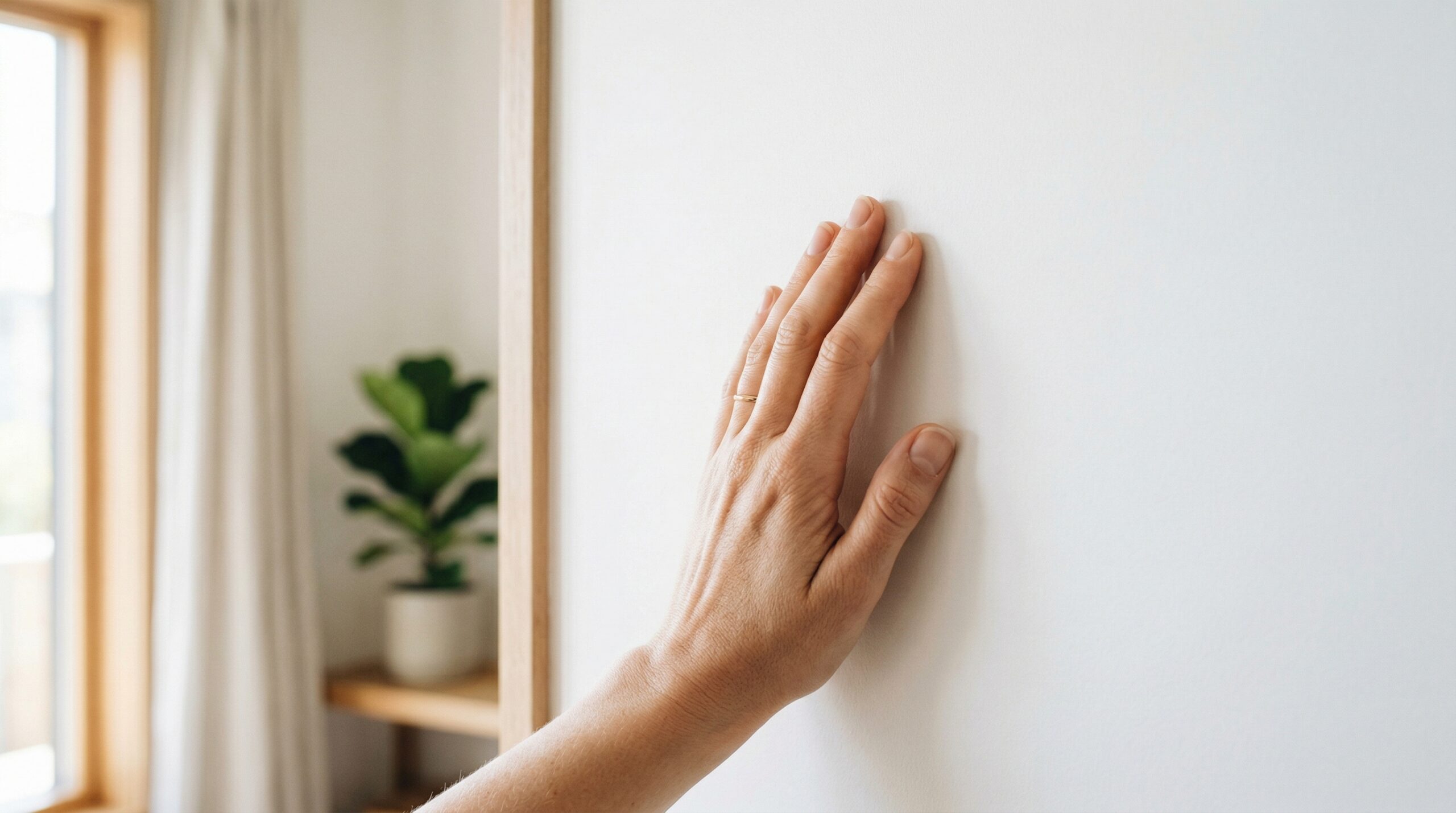 朝の明るい部屋で白い壁を手で軽く触って確認している様子