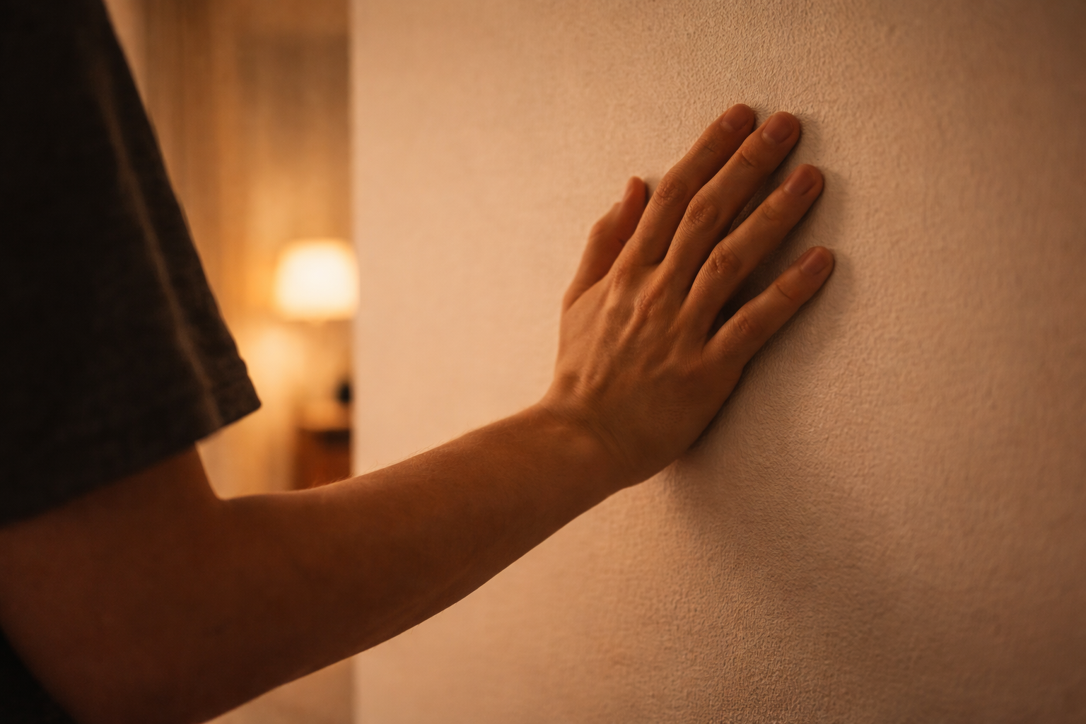 壁にそっと手を当て、向こう側の音を意識している様子