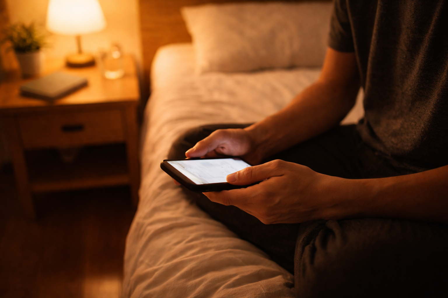 夜、ベッドの上でスマホを手に静かに振り返っている手元