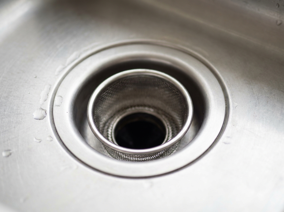フタを外した排水口とゴミ受け、その奥に続く排水管