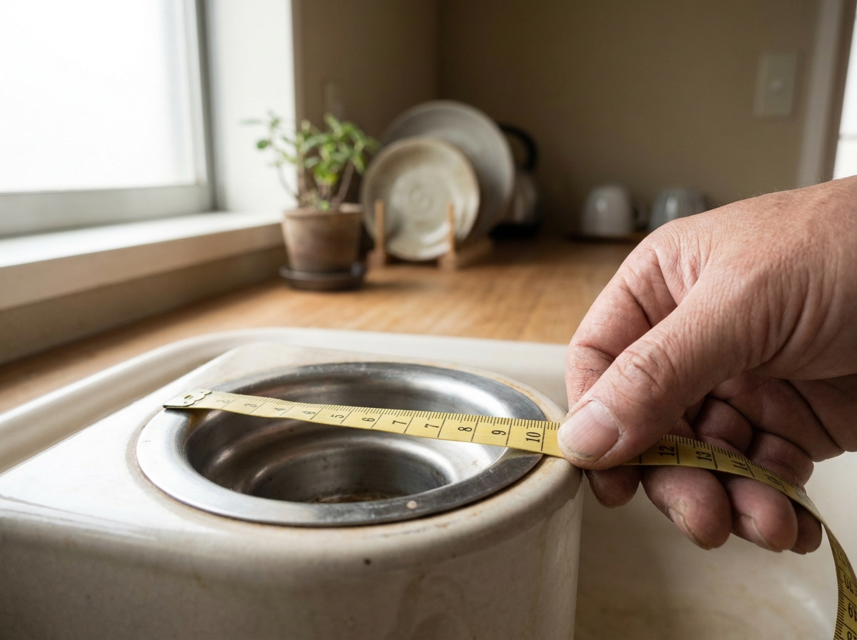メジャーで排水口のサイズを測っている手元