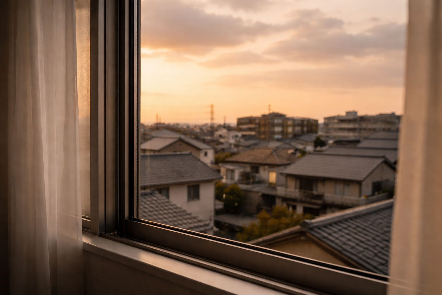 賃貸の窓から見える穏やかな夕方の空と住宅街