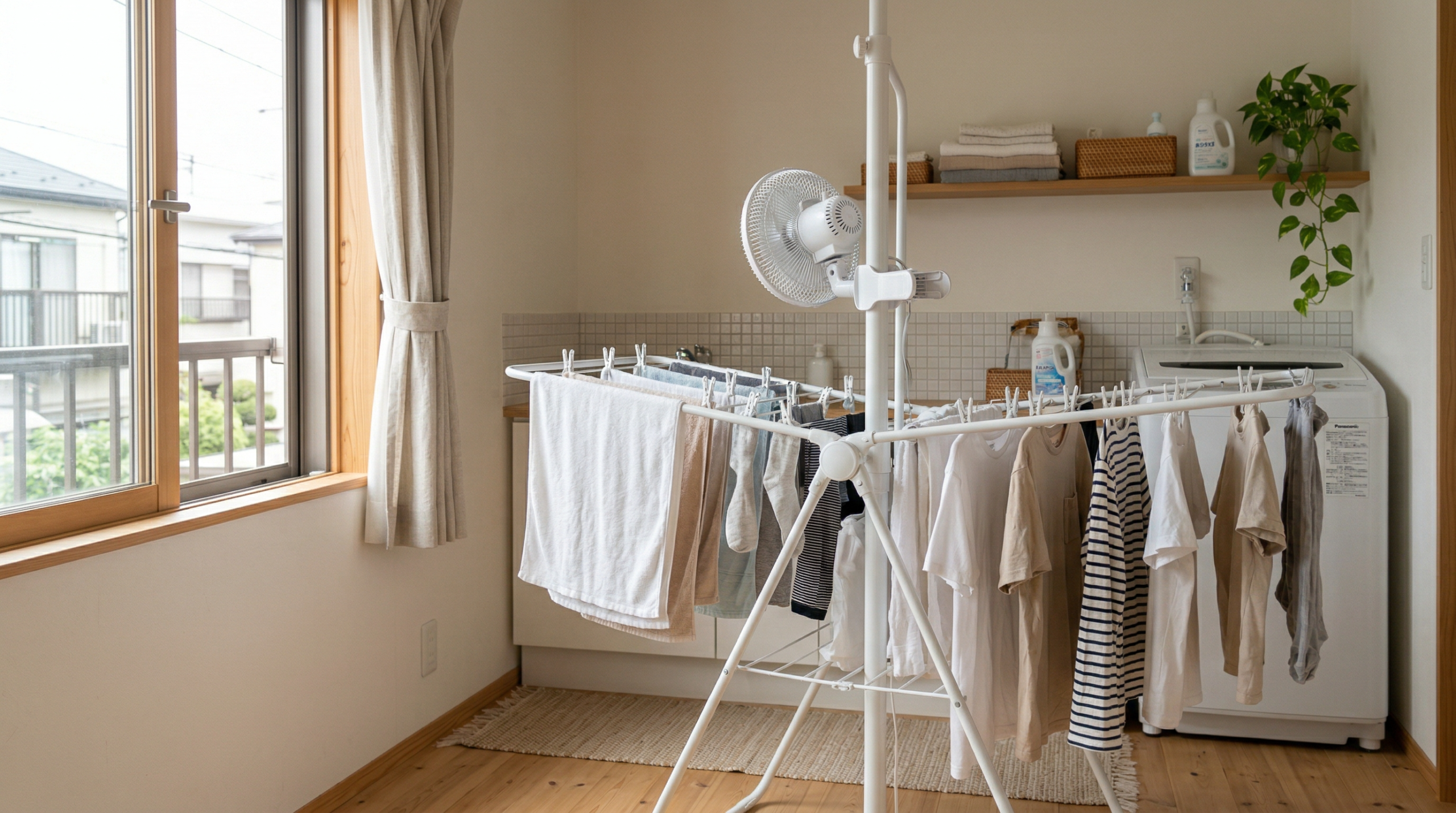 室内の物干しに間隔をあけて洗濯物が干してあり、小型のファンが風を当てている様子
