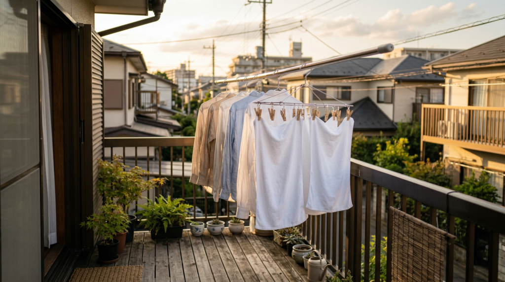 夕方のやわらかい光の中、ベランダに干された白いタオルと衣類が風にゆれている様子