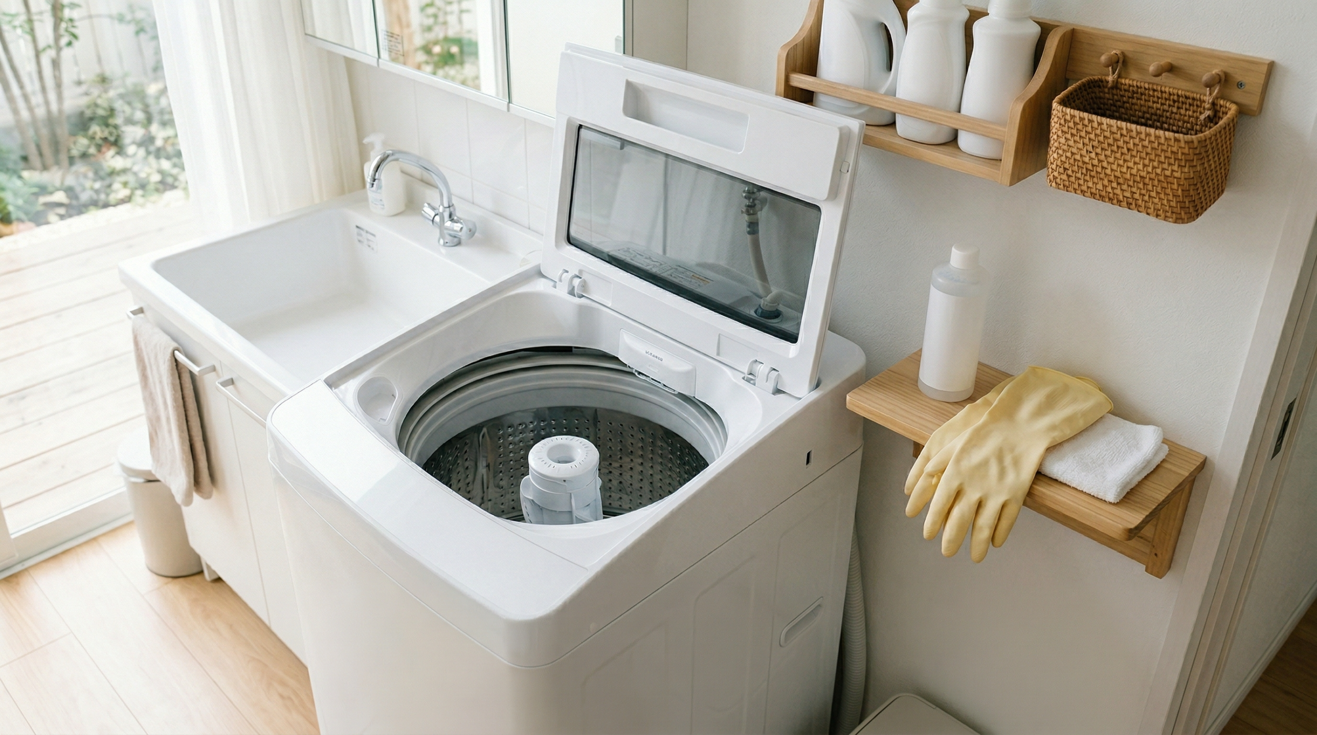 フタが開いた縦型洗濯機と、そばに置かれた洗濯槽クリーナーとゴム手袋