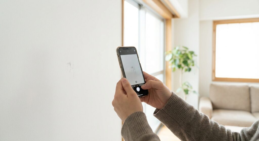 スマートフォンで壁の状態を撮影している手元