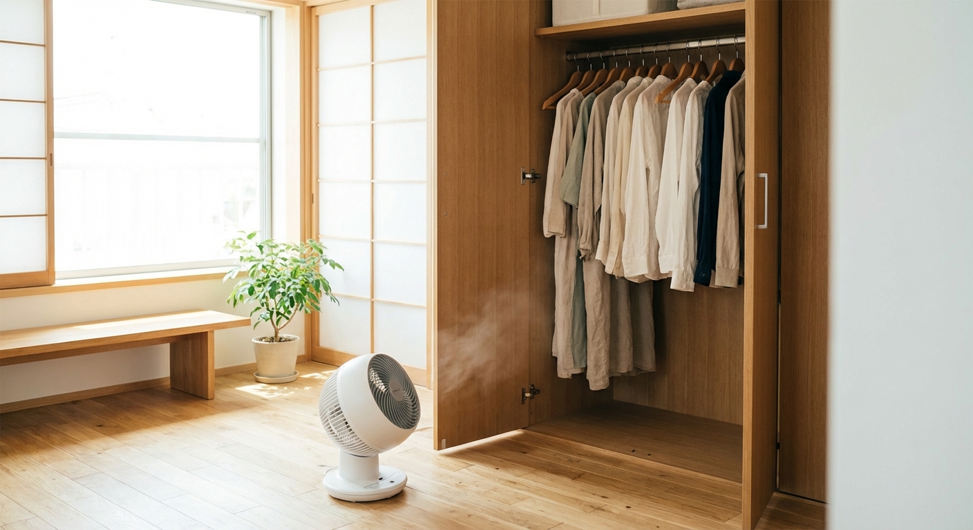 クローゼットの扉を開けてサーキュレーターで風を送っている様子