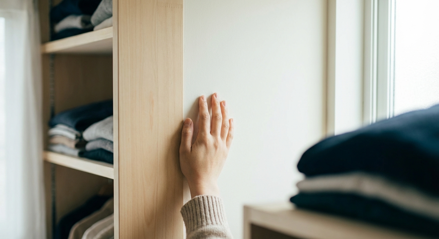 クローゼットの奥の壁を手で触って湿気を確認している手元