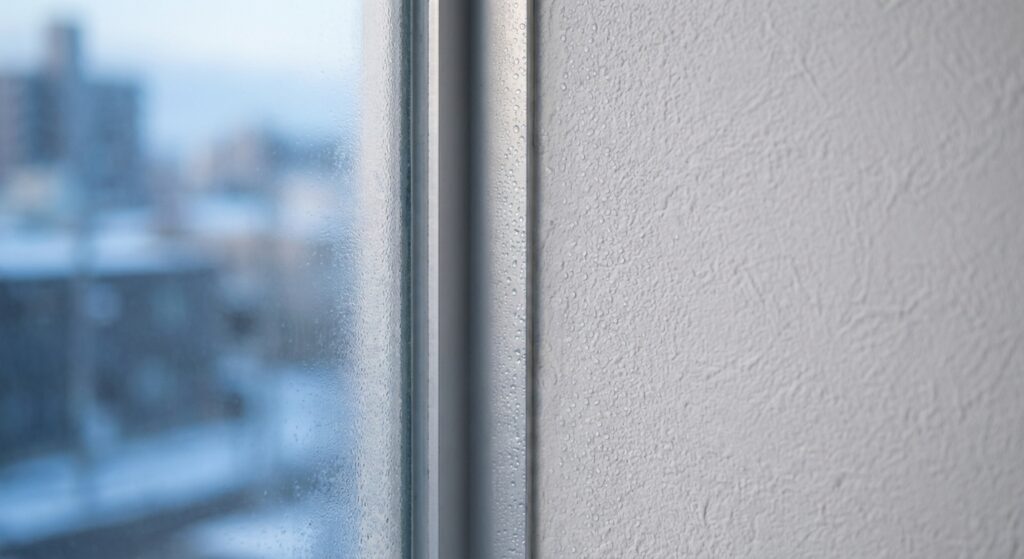 冬の朝、窓際の壁にうっすらと結露がついている様子
