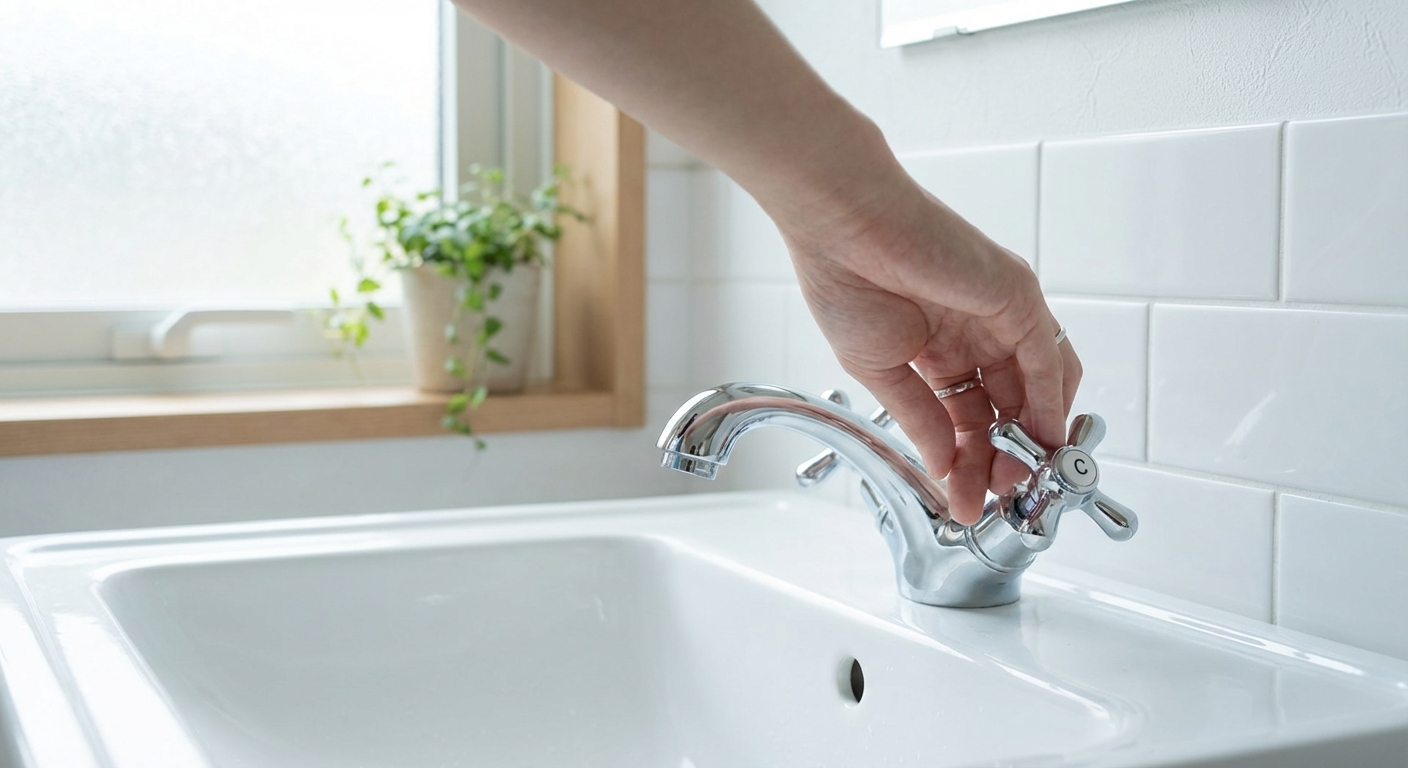 洗面台の蛇口ハンドルを軽く握っている手元