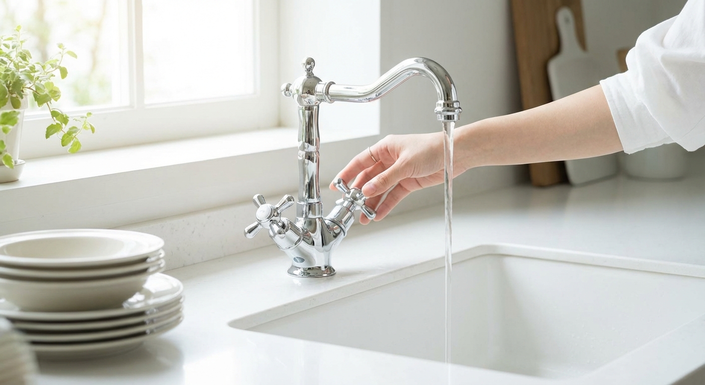 修理後、蛇口から水がスムーズに出ている様子