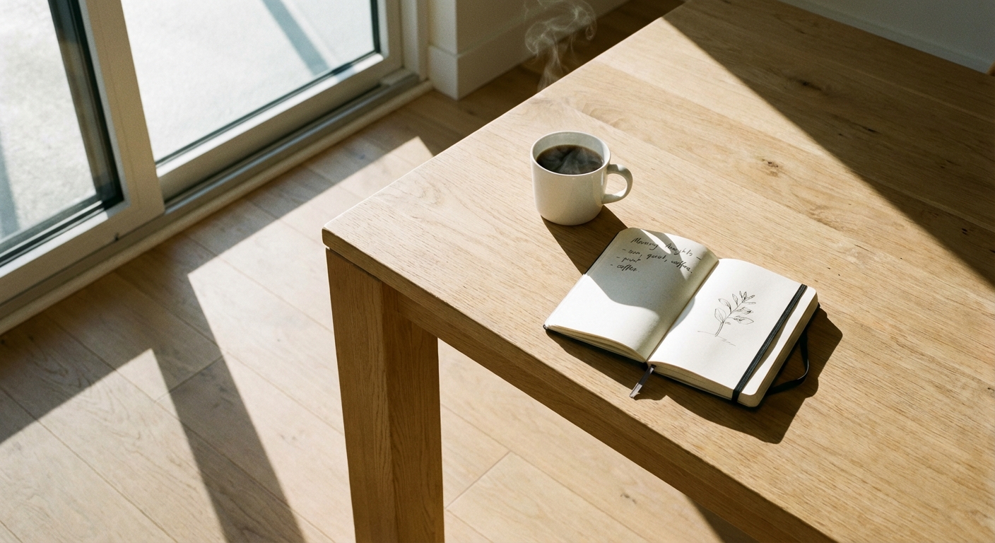 テーブルにコーヒーとメモ帳が置かれた、穏やかな朝の風景