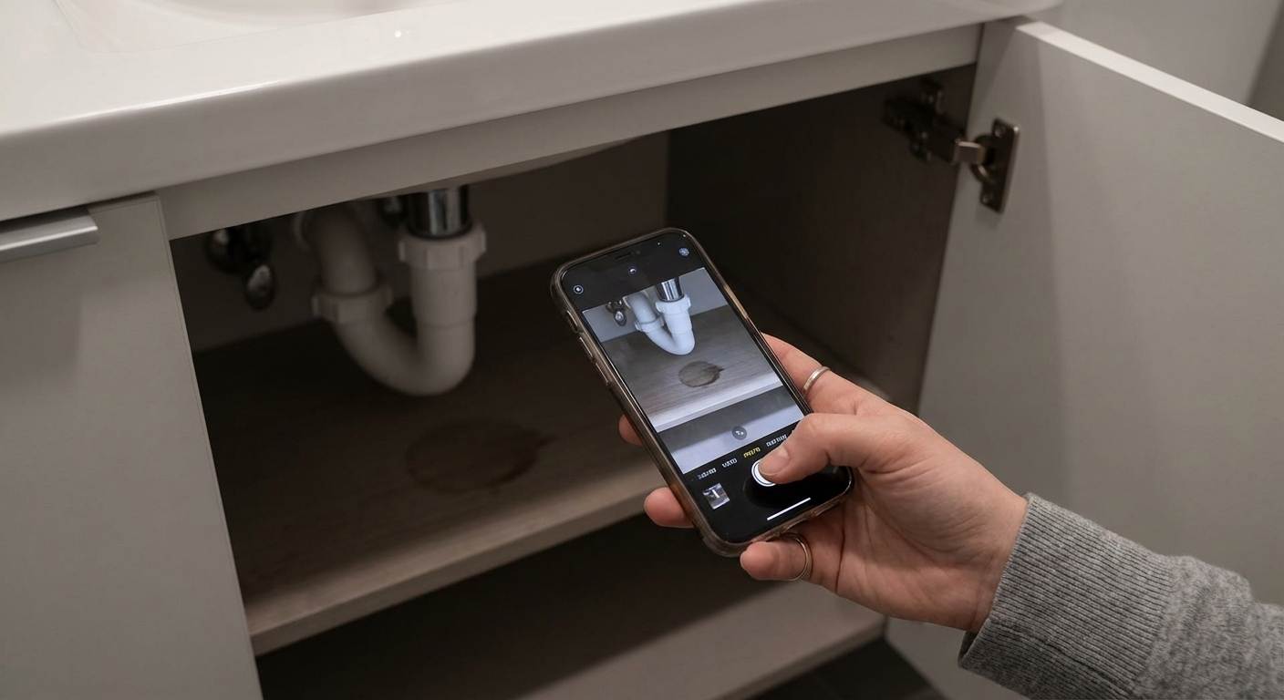 洗面台の下をスマホで撮影して、状況を記録している手元