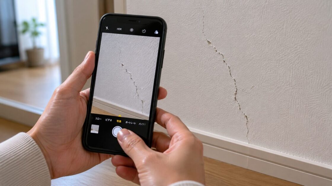 壁のヒビをスマホで撮影し、記録として残す手元