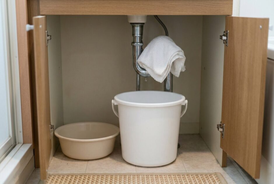 タオルと受け皿でにじむ水漏れを一時的に受け止める応急処置の例