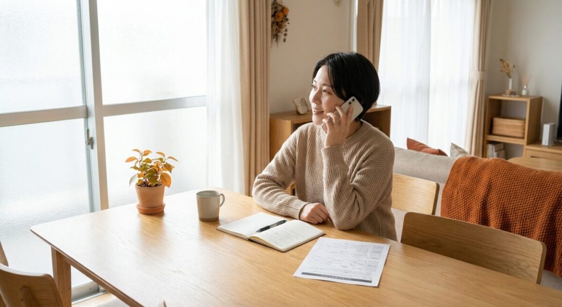リビングにて電話で相談している女性