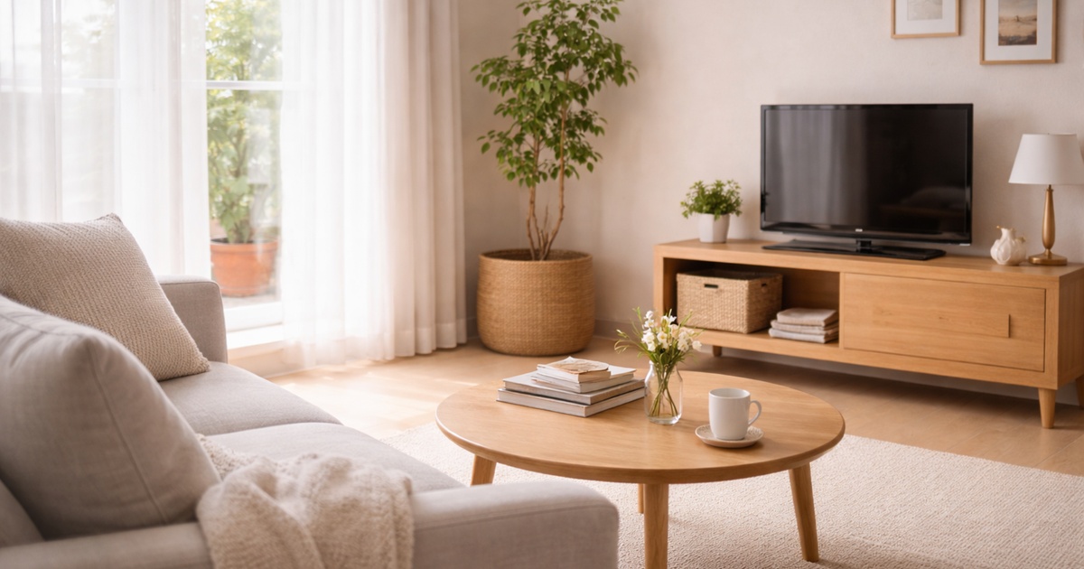 自然光が入る静かなリビング。