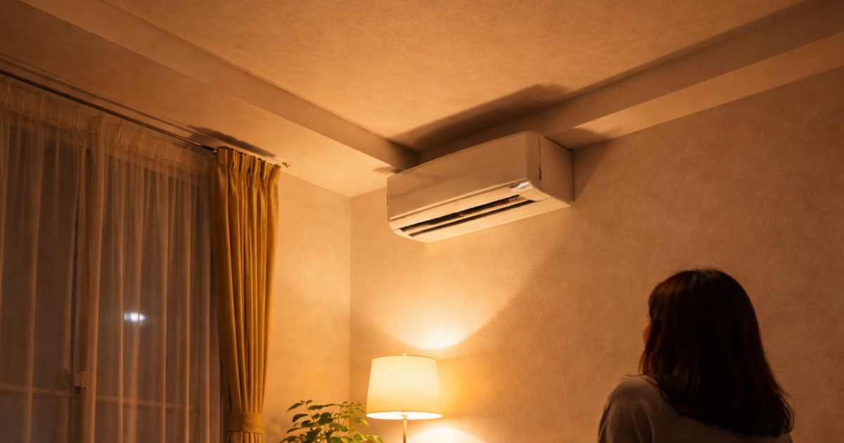 夜のアパートの一室。天井を見上げる構図。