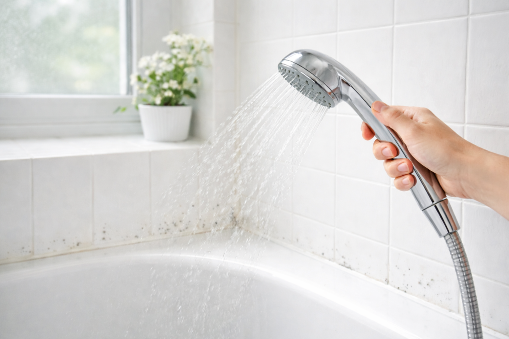 浴室でシャワーを壁に軽くかけている様子。